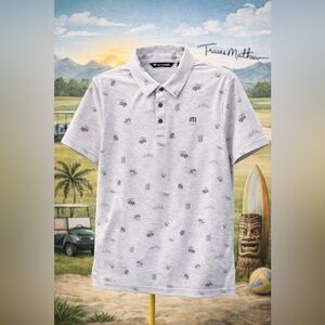 TravisMathew Polo Shirt Mens Medium Gray Golf Casual All Over Print